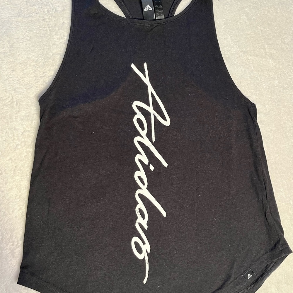 adidas Black Racerback Tank with Vertical White Script Logo